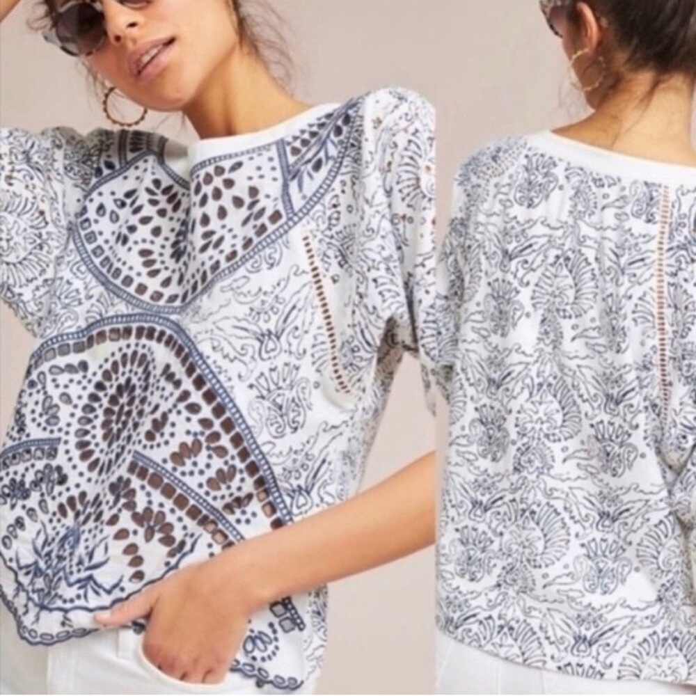 Anthropologie Maeve Ester Eyelet Top Blue and White Patterned Size L